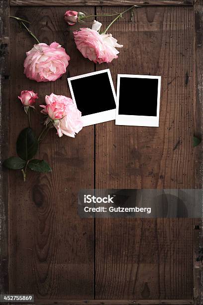 Vintage Polaroid Frame On Wood With Rose Stock Photo - Download Image Now - Instant Print Transfer, Table, Flower