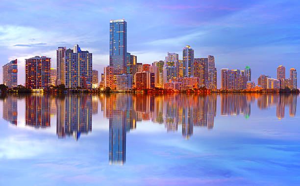 City of Miami Florida sunset over downtown stock photo