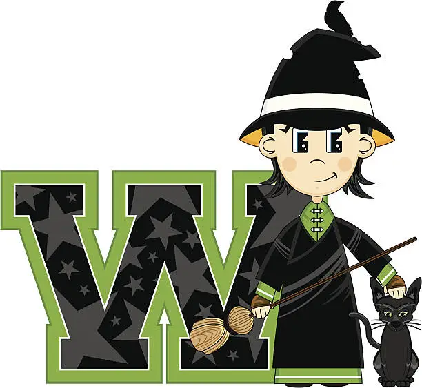 Vector illustration of Little Witch & Cat Learning Letter W