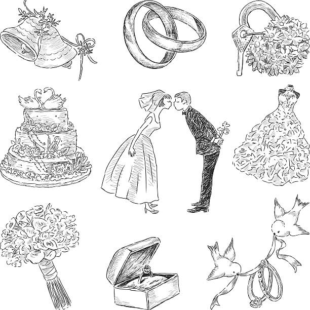 wedding symbols Vector sketches of a set of a wedding symbols. bride illustrations stock illustrations