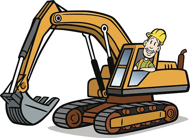 Vector illustration of Cartoon Guy On Excavator