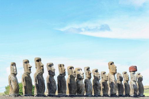 Ahu Tongariki is the largest ahu of 15 Moai on Rapa Nui. They are constructed of a stone called tuff or tufa which is compressed volcanic ash.