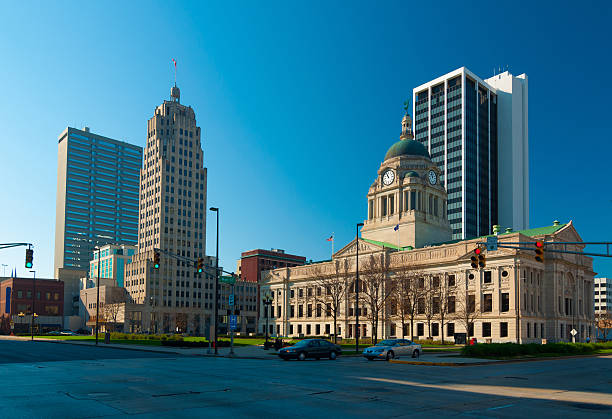 Fort Wayne skyline Downtown Fort Wayne, Indiana Skyline, including Allen County Courthouse. indiana photos stock pictures, royalty-free photos & images