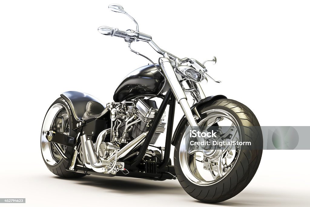Custom black motorcycle A custom black motorcycle against a plain white background.  The motorcycle is shown from the side and has chrome accent pieces. Motorcycle Stock Photo