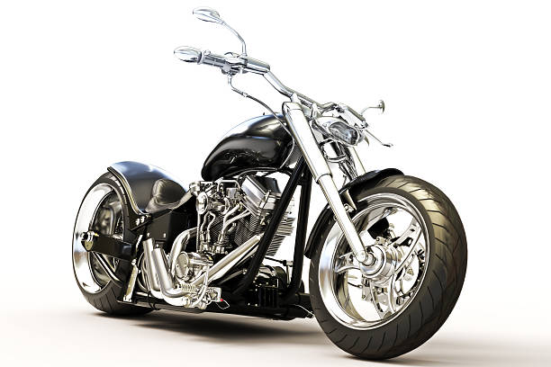 Custom black motorcycle A custom black motorcycle against a plain white background.  The motorcycle is shown from the side and has chrome accent pieces. exhaust pipe photos stock pictures, royalty-free photos & images