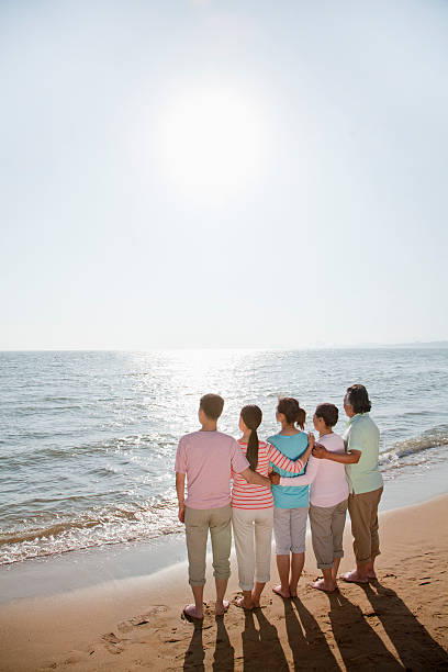 istock Multi generational family, arms around each other by the beach 452800017