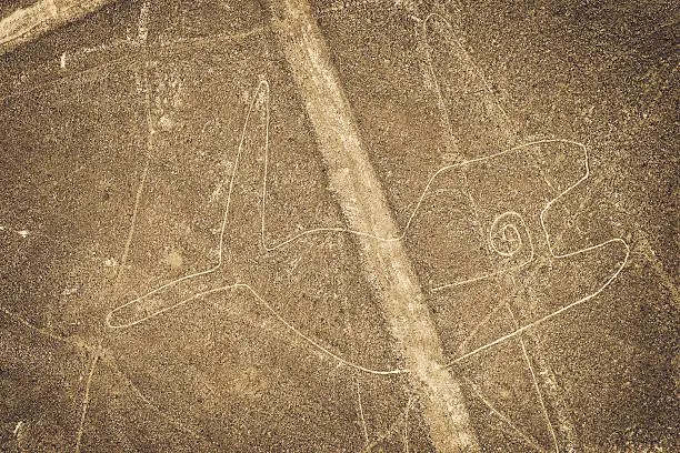 Aerial Shot of the Nazca Lines in Nazca, Peru. The lines were created by the Nazca People around 400AD and can only been seen from the air.