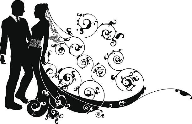 Bride and groom wedding couple silhouette An illustration of a bride and groom wedding couple in silhouette with beautiful bridal dress and abstract floral pattern. Could be having their first dance. Vector file is eps 10 wedding silhouettes stock illustrations