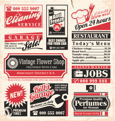 Retro newspaper ads design template. Vector collection of vintage advertisements. Old paper texture layout with promotional creative concepts for different business services, restaurants and shops.
