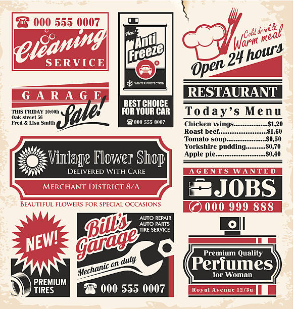 Vector collection of retro press ads Retro newspaper ads design template. Vector collection of vintage advertisements. Old paper texture layout with promotional creative concepts for different business services, restaurants and shops. old newspaper stock illustrations