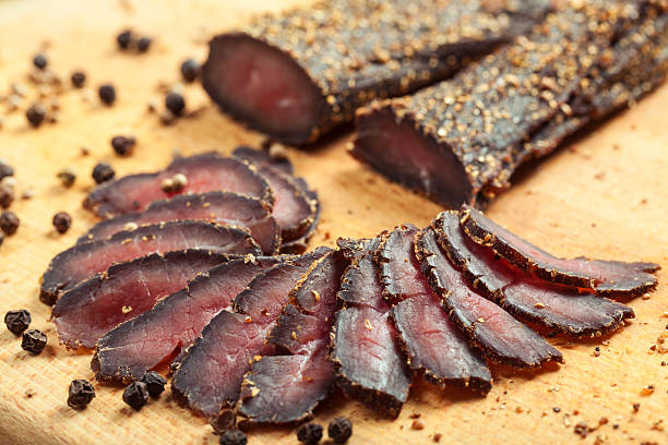 «biltong» - beef jerky meat smoked imagens e fotografias de stock