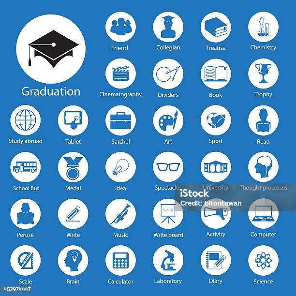 Various Education Round Icons On A Blue Background Stock Illustration - Download Image Now - Accessibility, Adult, Alphabet