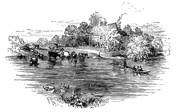 19 세기 판화 of laleham 쾌속선, surrey, uk - surrey southeast england england cottage stock illustrations