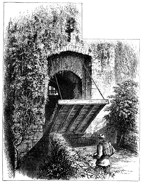 stockillustraties, clipart, cartoons en iconen met 19th century engraving of a castle gate - ophaalbrug