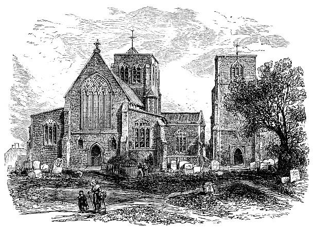 19th century engraving of Dereham parish church, Norfolk, UK photographed from a book  titled 'English Pictures Drawn with Pen and Pencil' published in London ca. 1870.  Copyright has expired on this artwork. Digitally restored. norfolk stock illustrations