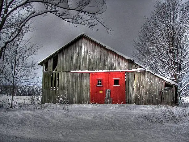 Photo of old barn with red door