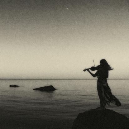 Artistic violine player at the sea. Art photo, noise is manually added