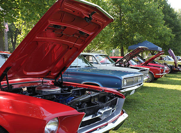 Classic automobiles on display at Indiana car show.  Colorful. USA.   Summer is for car shows in the park.   car show stock pictures, royalty-free photos & images