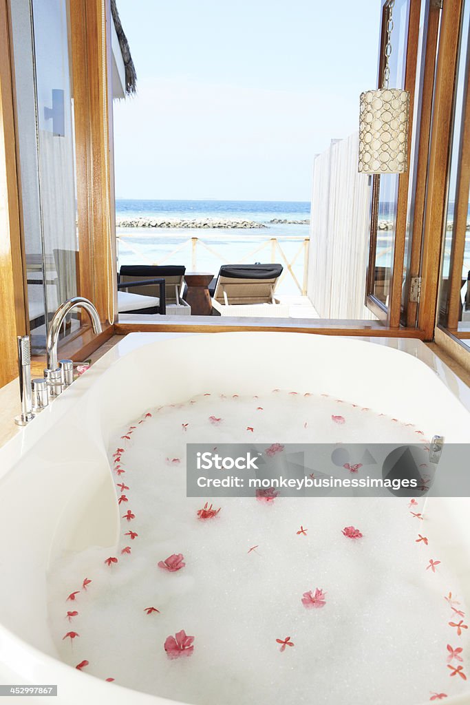 Luxury Hotel Bathroom With Ocean View Luxury Hotel Bathroom With Ocean View In Daylight Bathtub Stock Photo