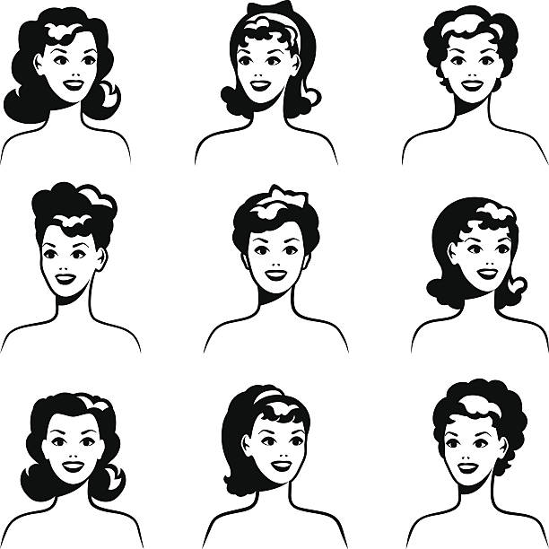 ilustrações de stock, clip art, desenhos animados e ícones de coleção de retratos de bela pin up girls dos anos 50 estilo. - hairstyle human hair women retro revival