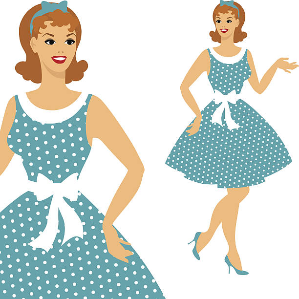 Cartoon images of a 1950's style woman in a blue dot dress Beautiful pin up girl 1950s style. 60s style dresses stock illustrations