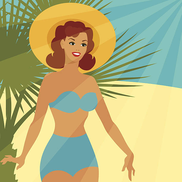 ilustrações de stock, clip art, desenhos animados e ícones de cartão com bela pin up girl década de 50. - image created 1960s 1960s style beach women