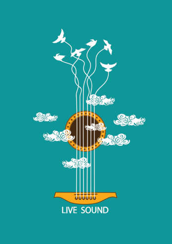 Musical illustration with concept guitar and birds in the sky. Included Ai