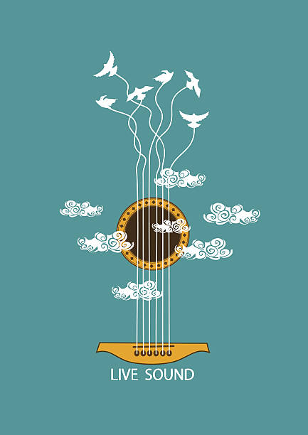 Musical illustration with concept guitar Musical illustration with concept guitar and birds in the sky. Included Ai bird backgrounds stock illustrations