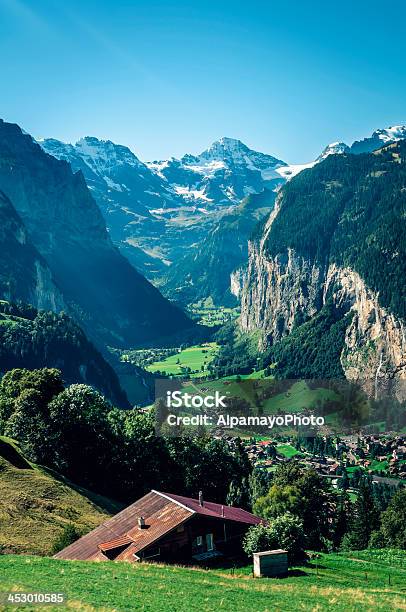 View Of Lauterbrunnen Valley In Switzerland Ii Stock Photo - Download Image Now - Sky, Waterfall, Awe