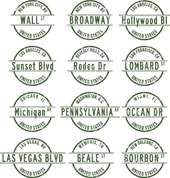 Rubber stamps - Famous streets in USA Rubber stamps of famous streets in USA. tennessee road sign stock illustrations