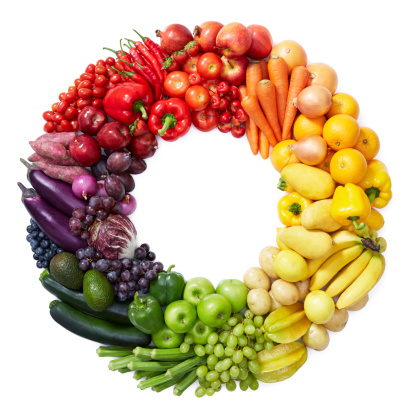 color wheel by various type of fruits and vegetables from top view