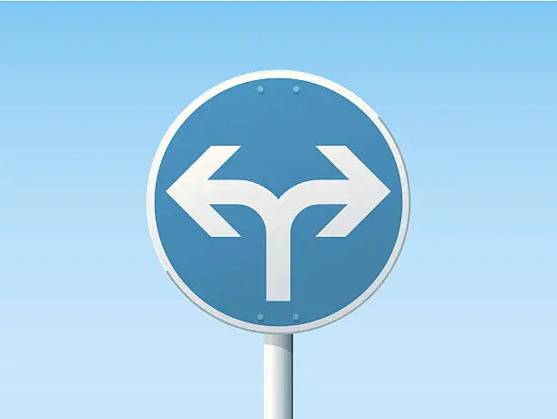 Vector illustration of Turn Left Or Right Ahead German Road Sign Blue