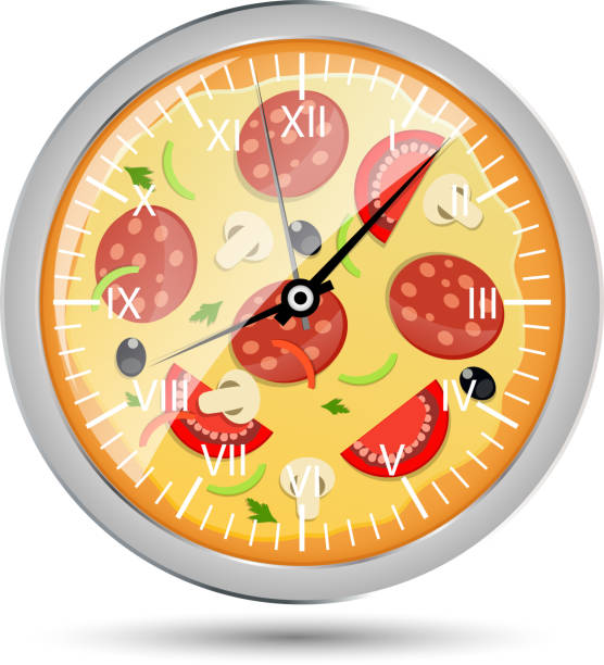 피자 시계 컨셉입니다 벡터 일러스트레이션 - pizza illustration and painting italian cuisine salami stock illustrations