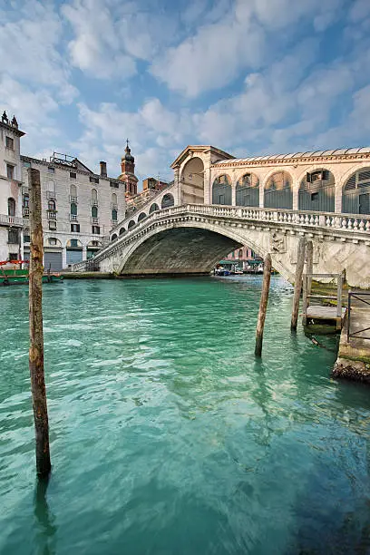 View of the Rialto Bridge built between 1588 and 1591 by Antonio Da Ponte in the oldest and busiest part of the Venice.