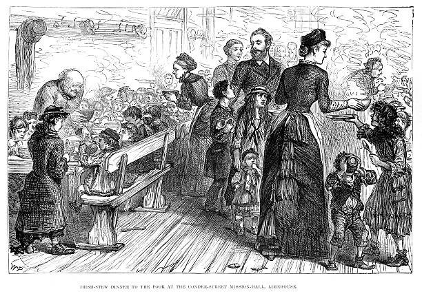 Victorian Soup kitchen Vintage engraving of irish stew being served to the poor at the Conder Street mission hall, Limehouse, London. 1881 malnourished stock illustrations