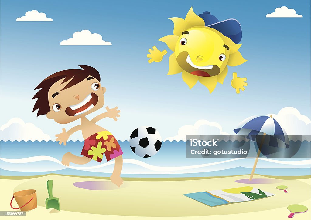 summer football child playing football with the sun on the beach Bathroom stock vector