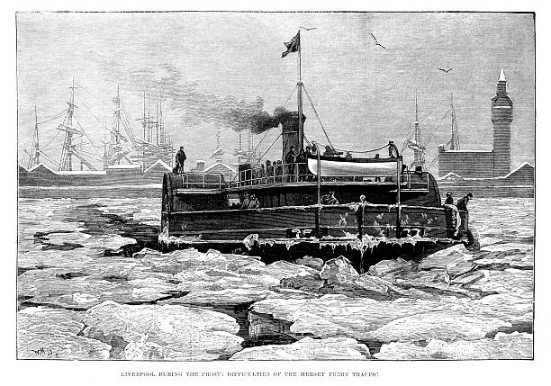 Liverpool During the Frost Vintage engraving of a scene of Liverpool During the Frost, a ferry breaks through ice on a frozen River Mersey, 1881 river mersey northwest england stock illustrations