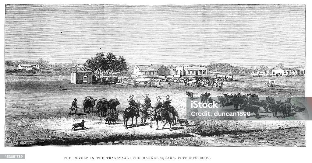 Market Square, Potchefstroom Vintage engraving showing the Market Square, Potchefstroom, South Africa, at the time of the First Boer War, 1881 19th Century stock illustration