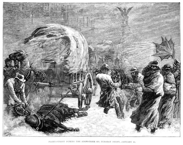 Fleet Street during the Snowstorm Vintage engraving showing Fleet Street, London, England during the Snowstorm, January 18th 1881 covered wagon horse cart snow winter stock illustrations