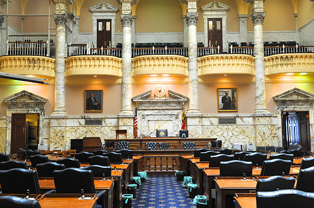 Maryland Statehouse Inside the Senate chambers of the historic Maryland Statehouse senate photos stock pictures, royalty-free photos & images