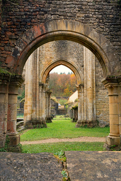 Autumn view on the ancient ruins of the famous 18th century Orval Abbey in the Gaume region in Belgium