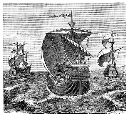 Christopher Columbus’ ships - Nina, Pinta and Santa Maria. Columbus is traditionally known as the discoverer of the Americas in 1492. From “Maritime Discovery and Adventure” published by W & R chambers of London and Edinburgh in 1888. No authors or illustrators are credited in the book.