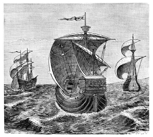 Nina, Pinta and Santa Maria - Christopher Columbus' ships Christopher Columbus’ ships - Nina, Pinta and Santa Maria. Columbus is traditionally known as the discoverer of the Americas in 1492. From “Maritime Discovery and Adventure” published by W & R chambers of London and Edinburgh in 1888. No authors or illustrators are credited in the book. circa 15th century stock illustrations