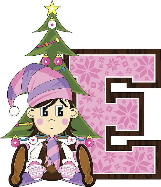 Vector illustration of Cute Christmas Elf Learning Letter E