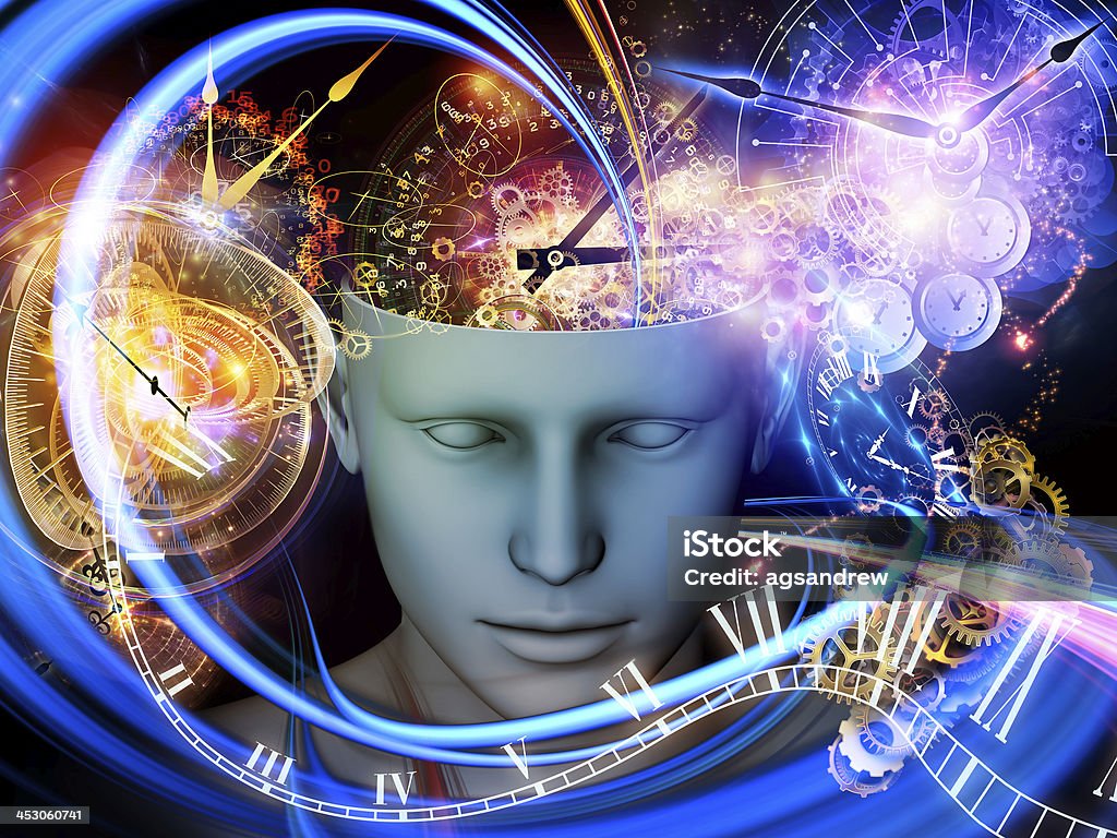 Synergies of the Mind Background design of cutout of male head and symbolic elements on the subject of human mind, consciousness, imagination, science and creativity Human Brain Stock Photo