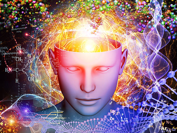 Illustrated human head with open mind revealing chemistry