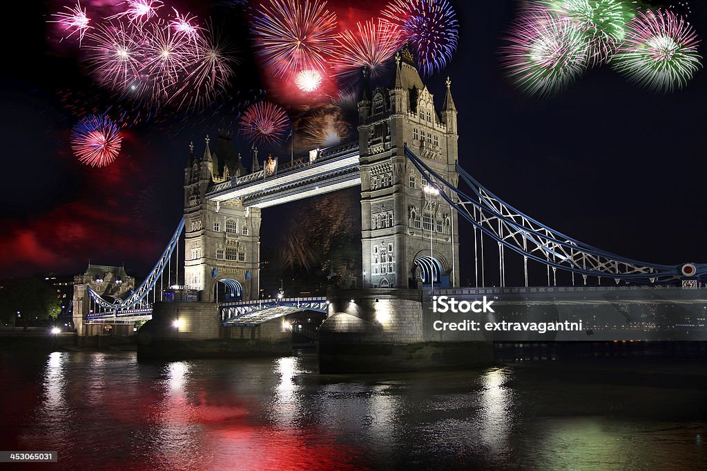 Tower bridge with firework, New Year in London, UK Tower bridge with firework, celebration of the New Year in London, England Firework - Explosive Material Stock Photo