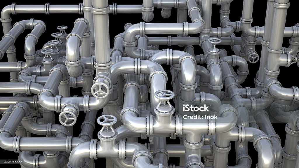 Network of pipelines and valves Fantasy Industrial 3d illustration. Maze made of steel pipes on black background Maze Stock Photo