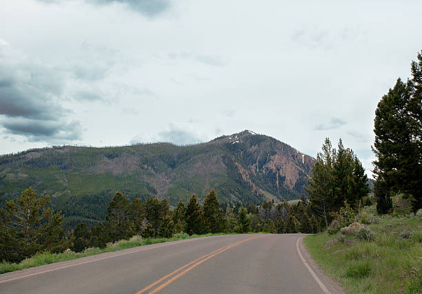 istock Road curves thru mountains in Yellowstone National Park.  Copy space. 453077237