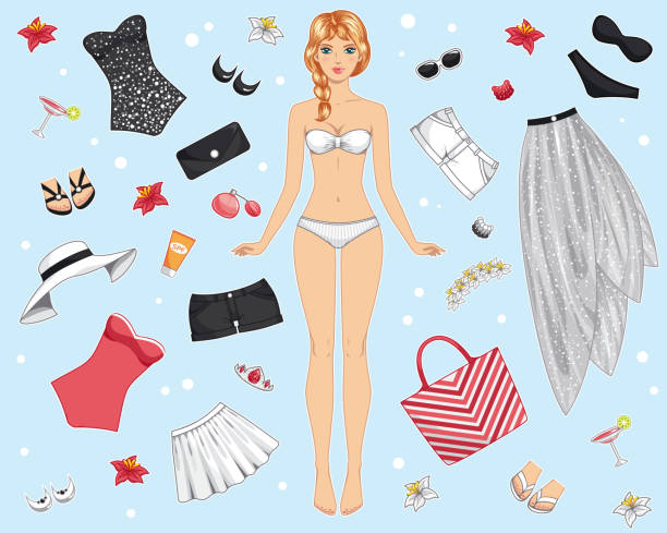 ilustrações de stock, clip art, desenhos animados e ícones de boneca de papel em roupas de verão - short cut
